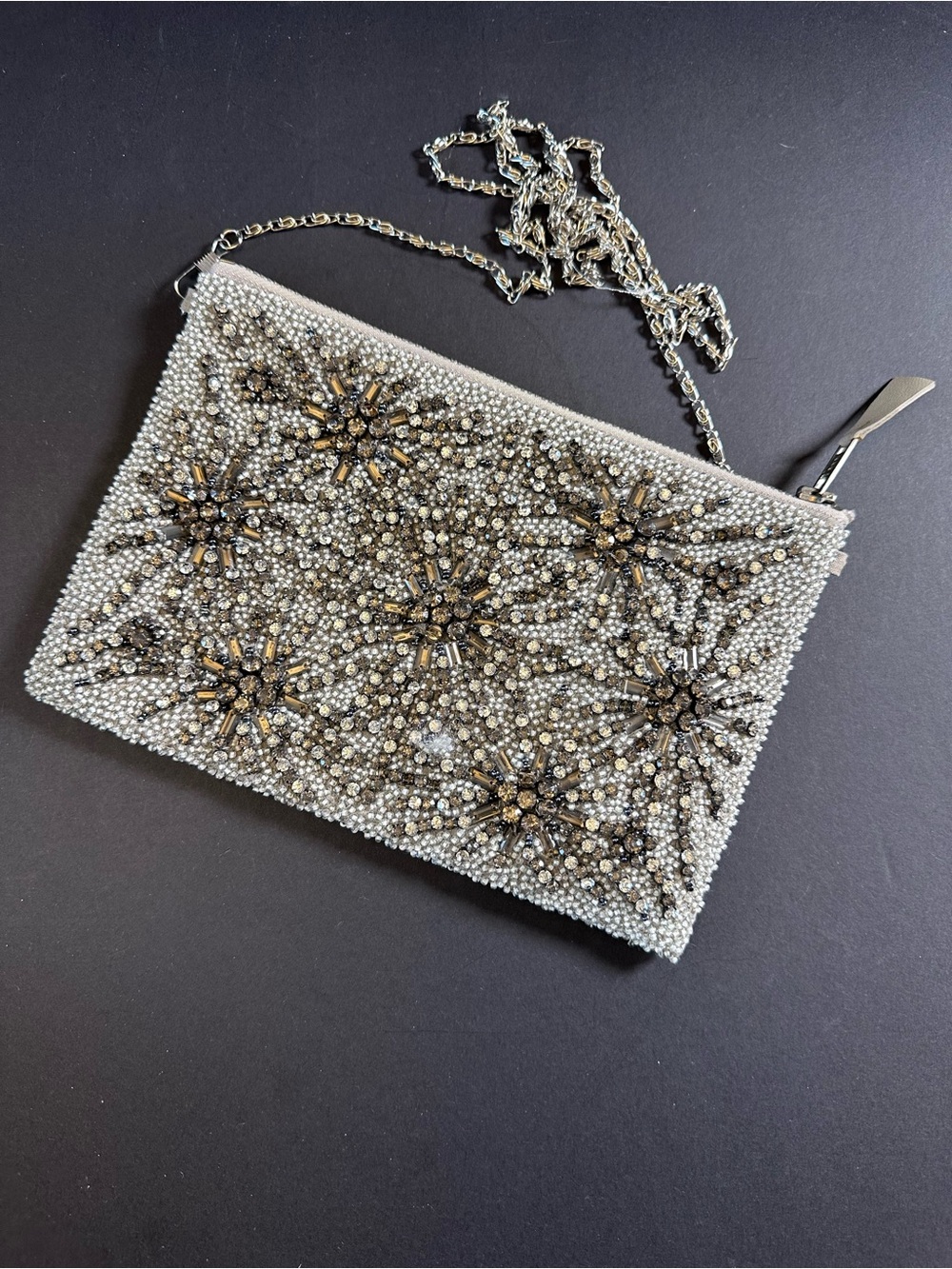 G-LISH Silver Rhinestone Beaded Evening Clutch Crossbody | Crystal Starburst